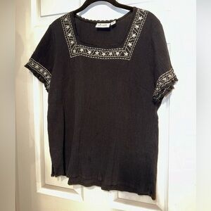 D&Co Design & Co L Black Square Neck Short Sleeve Crinkle Cotton Top Women’s